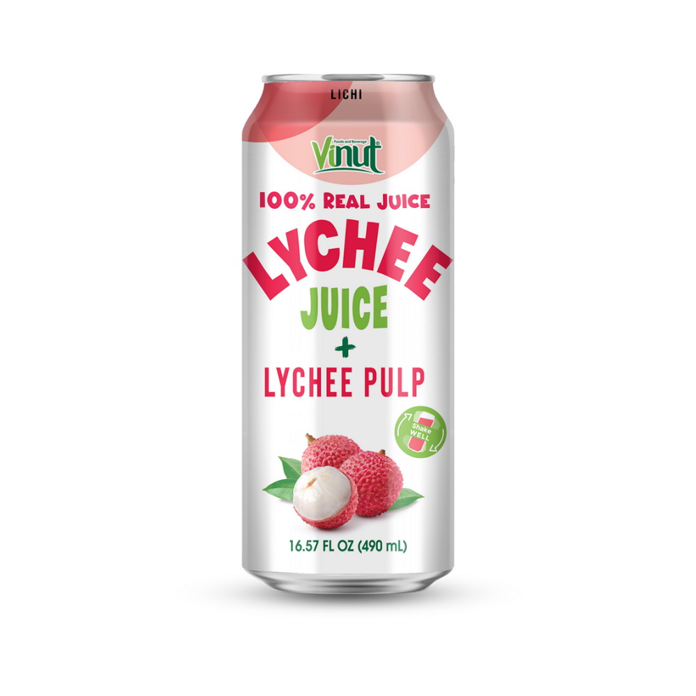 100% Lychee Pulp Can 490ml Vinut 100% Real Juice Lychee Juice + Lychee Pulp, Slim Can, 16.57 fl oz 490 mL - Image 1