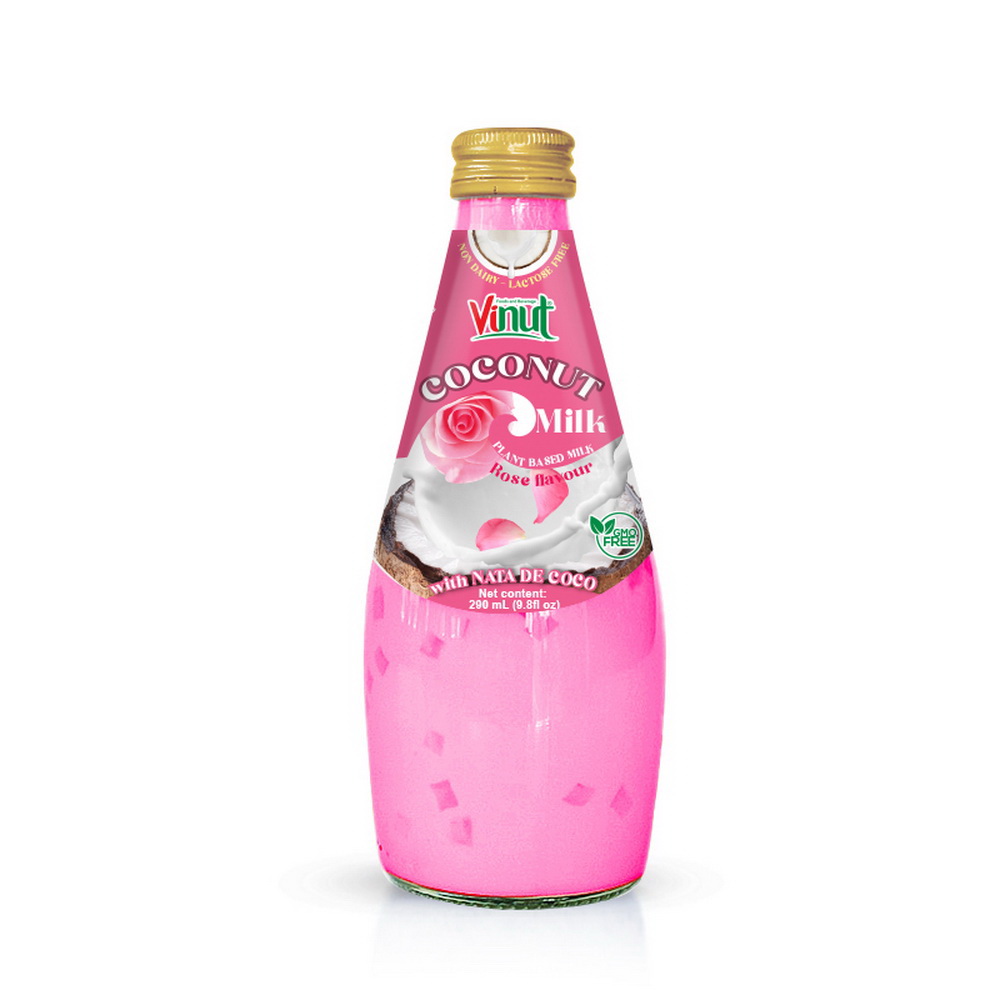 112_Rose-Coconut-Milk-Glass-Bottle-290ml-1-1.jpg Vinut Coconut Milk, Rose Flavour, Plant Based Milk, With Nata De Coco, Non Dairy, Lactose Free, GMO Free, Glass Bottle, 9.8 fl oz (290 mL) - Image 1