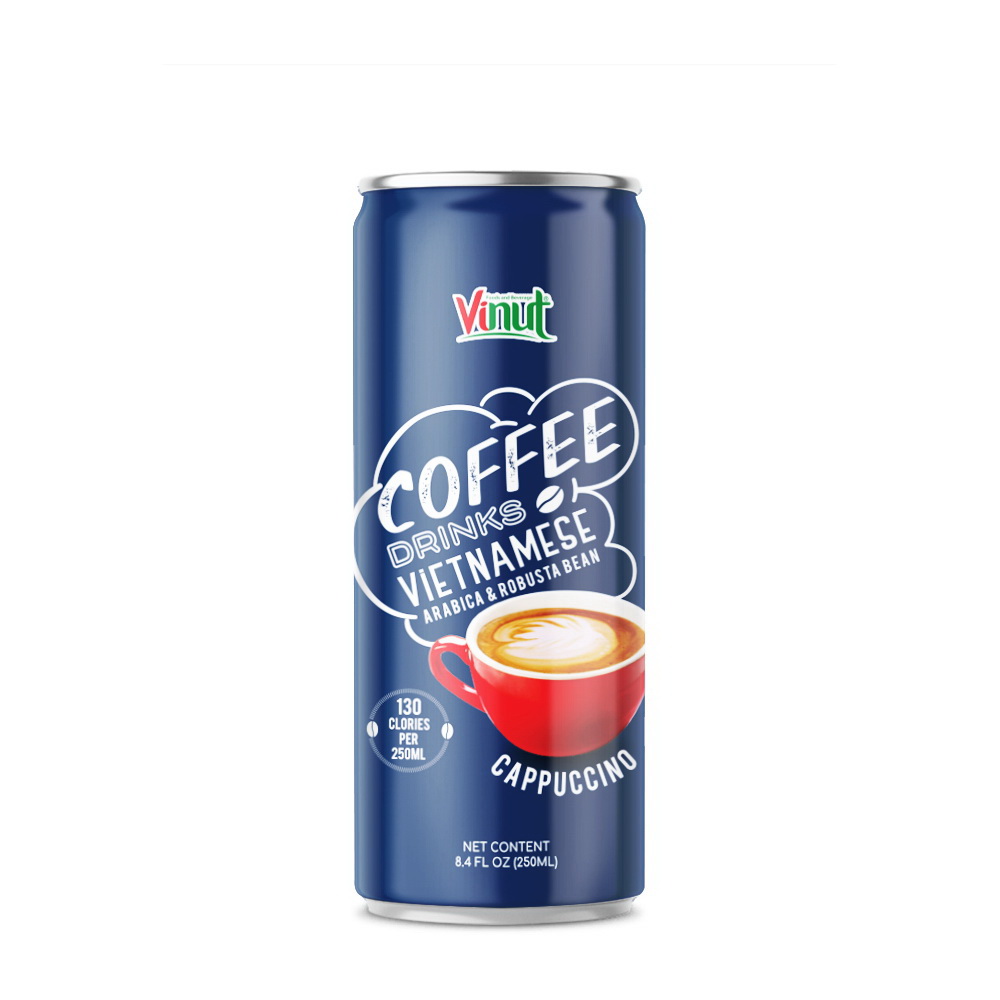 122_Cappuccino-Coffee-Can-250ml-1.jpg Vinut Vietnamese Cappuccino Coffee Drink, Arabica & Robusta Bean, 130 Calories, Slim Can, 8.4 fl oz (250 mL) - Image 1