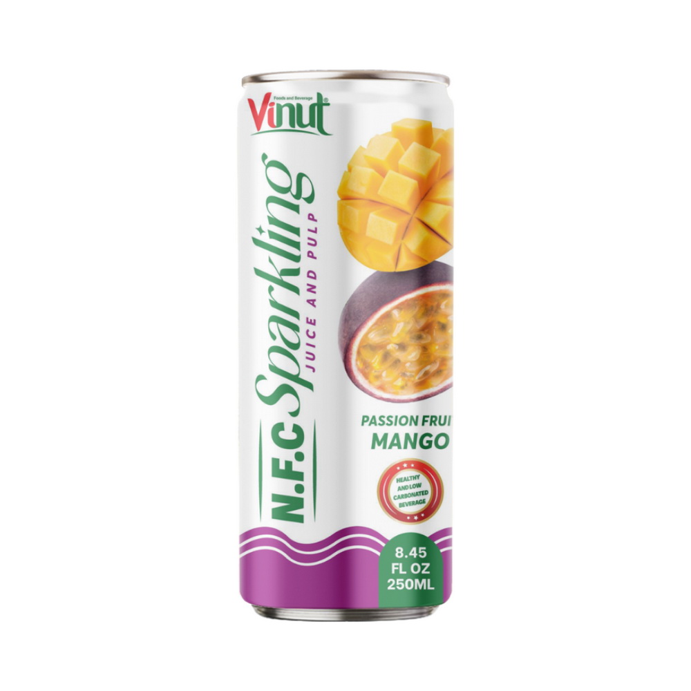 145_Passion-Fruit-Mango-NFC-Sparkling-Can-250ml-1.jpg Vinut Passion Fruit Mango N.F.C Sparkling Juice and Pulp, Healthy and Low Carbonated Beverage, Slim Can, 8.45 fl oz (250 mL) - Image 1