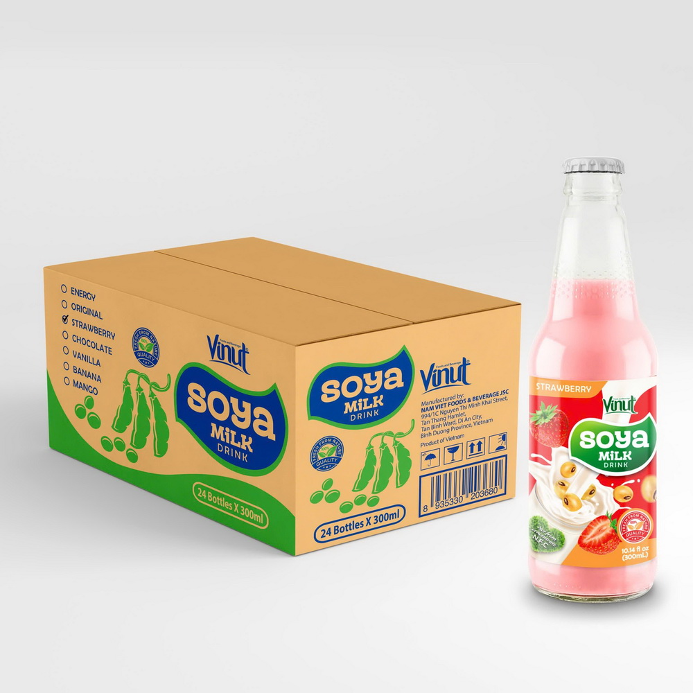 170_Strawberry-Soya-Milk-Bottle-300ml-1.jpg Vinut Soya Milk Drink, Strawberry, Non GMO, 100% Pure Soybean, Glass Bottle, 10.14 fl oz (300 mL) - Image 1